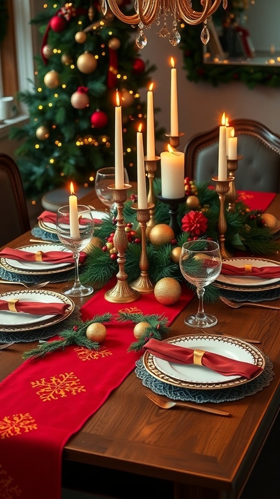 Christmas table setting with a red and green table runner, candles, and festive decorations.